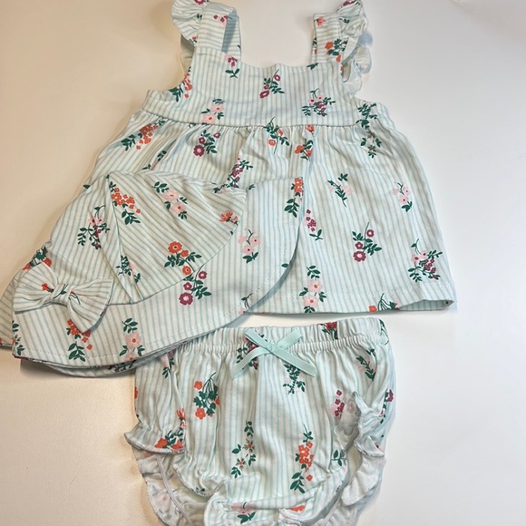 Starting Out Blue & White Striped 3PC Set, Floral Pattern, Shirt, Bloomers, Hat - Picture 2 of 7